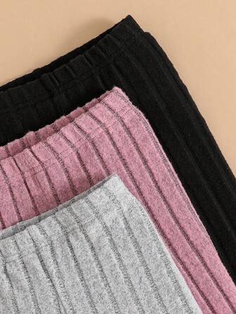 3pcs Ribbed Solid Color Leggings, Young Girl