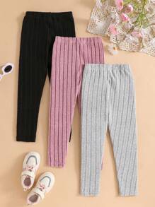 3pcs Ribbed Solid Color Leggings, Young Girl - Multicolor - View 2