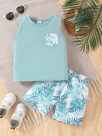 Young Boy Tropical Plant Print Vest And Shorts Set, Beach Vacation