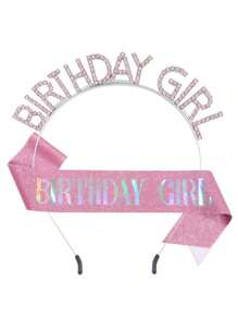 1件粉色女孩生日绶带，闪亮生日绶带和皇冠，生日快乐装饰配件，水钻生日女孩头饰 - 粉色 - 查看 1