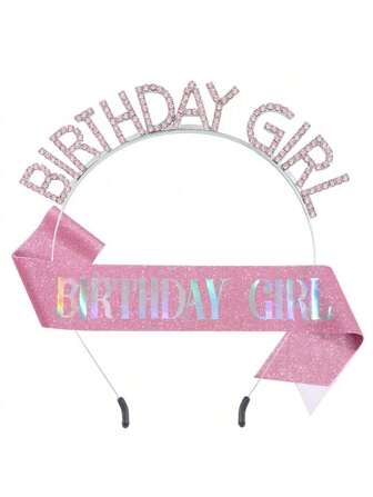 1PC Pink Birthday Sash For Girl Pink Birthday Girl Sash Glitter Birthday Sash And Tiara For Girl Birthday Crowns For Girl Happy Birthday Decorations Accessories Rhinestone Birthday Girl Headband