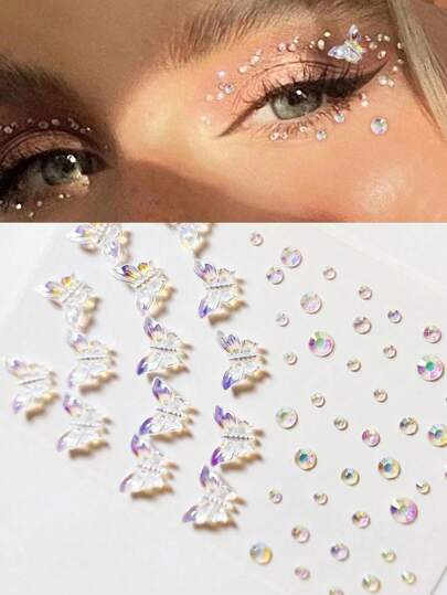 1pc Rhinestone Decorated 3D Butterfly And Flat Design Facial Sticker, Great For Parties And Gatherings