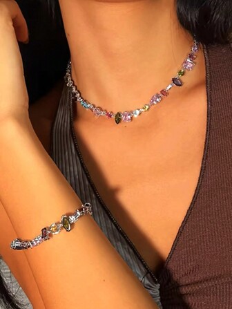 1set Exquisite Colorful Asymmetrical Artificial Crystal Candy Bracelet And Rainbow Zirconia Clavicle Necklace, Luxurious Ladylike Style, Suitable For Daily Outfits