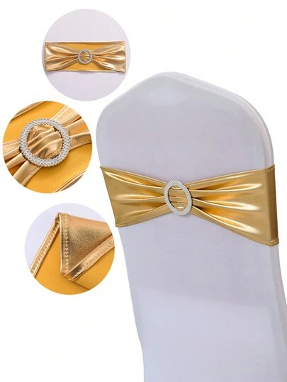 1pc/5pcs/10pcs Metallic Gold Stretch Spandex Chair Sash Bow With Round Buckle Elastic Chair Band Belt For Hotel Party Event Banquet Wedding Decoration Chair Tie