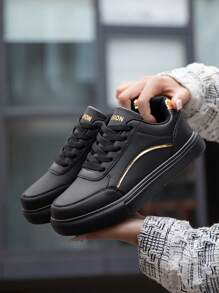 女士休闲跑步鞋，黑色圆头步行鞋，百搭校园运动鞋，耐用平底 - 黑色 - 查看 5