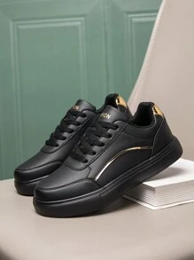 女士休闲跑步鞋，黑色圆头步行鞋，百搭校园运动鞋，耐用平底 - 黑色 - 查看 3