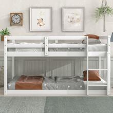 Twin Over Twin Bunk Bed With Full Guardrails And Ladder,Low Bunkbed Fram W/Safety Guard Rails For Teens Adults No Box Spring Need - White - View 2