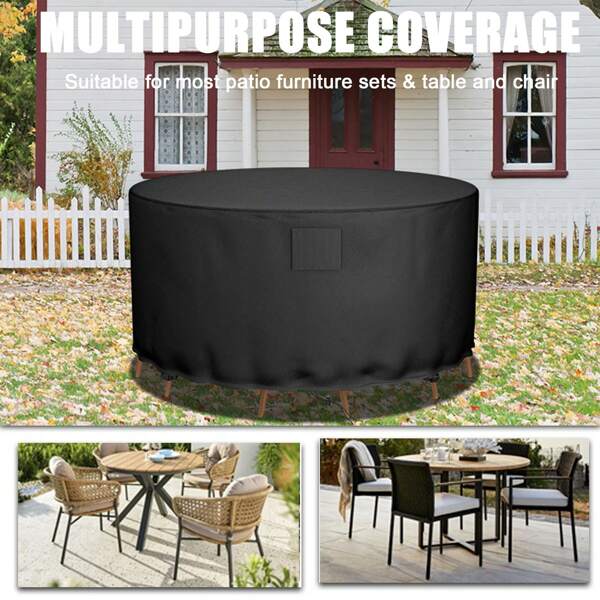 Round Patio Table Cover 600D Oxford Outdoor Furniture Covers Waterproof Round Table Cover Windproof Anti-UV Garden Round Table And Chair Covers 62''D X 28''H