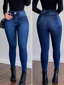 Calça Jeans Feminina Skinny Azul Com Elastano Efeito Levanta Bumbum  Cintura Alta - Azul - Visão 3