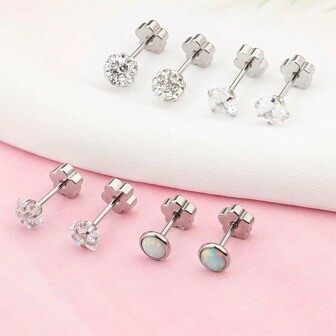 4pairs Hypoallergenic Plated 18K Gold Titanium Steel Earrings Set With 5mm Colored Cubic Zirconia Helix Tragus Piercing Jewelry For Women & Girls, Daily Wear Or Vacation