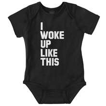 Attitude Baby Graphic One Piece Bodysuit Cute Coo Funny Saying Sarcastic Humor I Woke Up Like This Joke Casual Everyday Soft Cotton Printed Cap Sleeve Lap Neck Romper Baby Clothes Brisco Brands - Black - View 1
