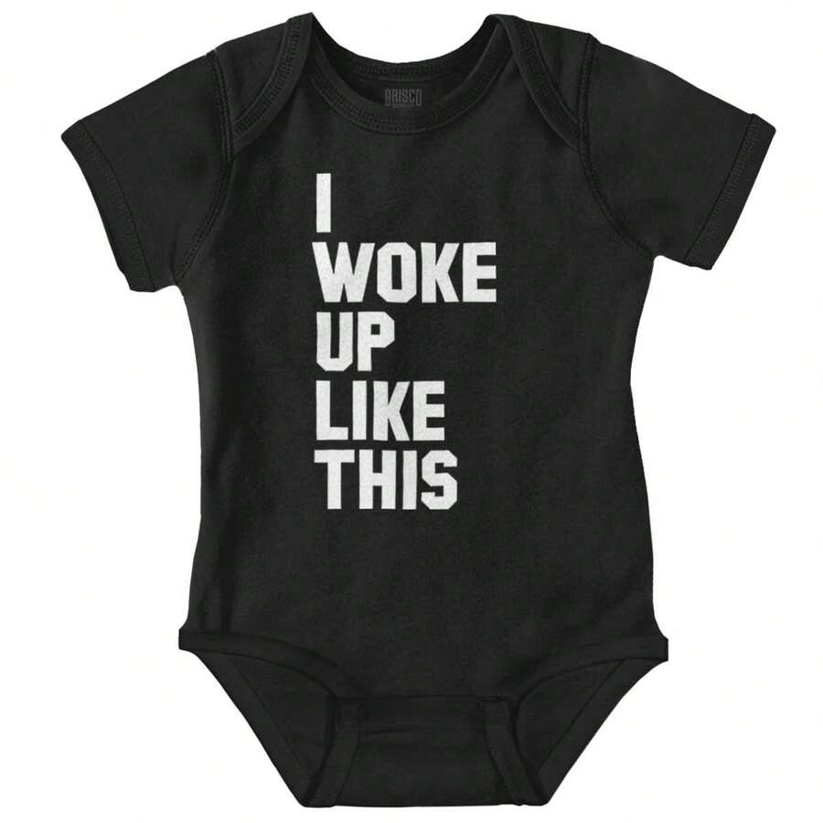 Attitude Baby Graphic One Piece Bodysuit Cute Coo Funny Saying Sarcastic Humor I Woke Up Like This Joke Casual Everyday Soft Cotton Printed Cap Sleeve Lap Neck Romper Baby Clothes Brisco Brands - Black - View 1
