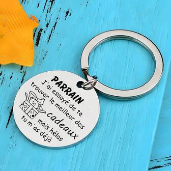 Stainless Steel Godfather Keychain, French Engraved Text, Handprint Pendant, Round Keyring With Engraved Text