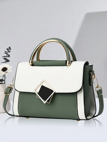 Metal Decor Square Handbag, Color Block Shoulder Bag, Women's Buckle Decor Shoulder Bag, Small Crossbody Bag & Handbag Set, PU Leather Flap Wallet, Best Mother's Day Gifts Ever
