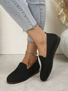 Zapatos planos de punto para mujer, transpirables, ligeros, informales, sin cordones, de verano, con punta redonda, suela suave y color liso, empeine bajo. - Negro - Ver 4