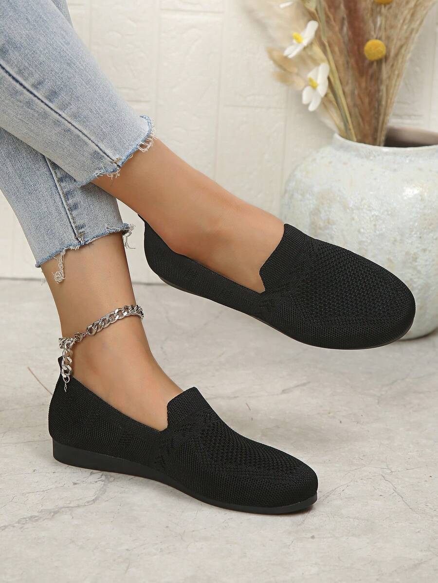 Zapatos planos de punto para mujer, transpirables, ligeros, informales, sin cordones, de verano, con punta redonda, suela suave y color liso, empeine bajo. - Negro - Ver 1