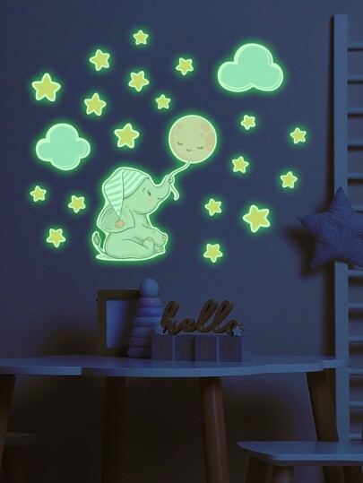 1/2 piezas Pegatinas con estampado de estrellas, elefante y oso que brillan en la oscuridad, pegatinas luminosas para decorar la habitación de niños, decoración de pared para dormitorio de niños y niñas, decoraciones para baby shower y regalos familiares