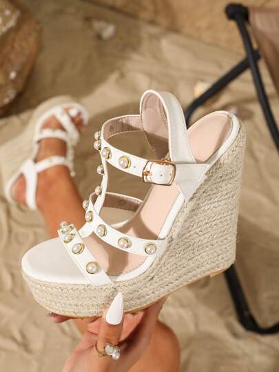 Women's High-Heeled Hollow Out Peep Toe Wedge Sandals, Pearl Ankle Strap Thick Bottom Sandals, Casual Open Toe Vacation Shoes, Platform Sandals For Short Height Girls, Fashionable Woven Peep-Toe Roman Sandals
