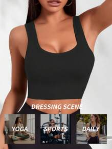 Yefecy Basic Solid Color Ribbed Knit Yoga Sports Bra, Shockproof Gather Wireless Women Sports Bra, Women Sportswear - Black - View 4
