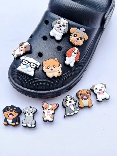 12pcs Cute Dog Series DIY Fashion Shoe Charms, Detachable Shoe Decoration For Hollow Out Clogs, Shoes Accessories For Spring Summer Beach Or Daily Wear Women Men Shoes