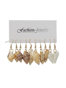 Conjunto de 5 pares Estilo Praia de Brincos de Tarracha em Liga de Concha e Estrela-do-mar, Brincos Pendurados de Concha e Concha-Verdadeira para Mulheres, Moda de Verão e Jóias para Viagem