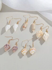 Conjunto de 5 pares Estilo Praia de Brincos de Tarracha em Liga de Concha e Estrela-do-mar, Brincos Pendurados de Concha e Concha-Verdadeira para Mulheres, Moda de Verão e Jóias para Viagem