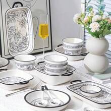 Ceramic Tableware, Single/8pcs Set, Suitable For Breakfast/Brunch/Spaghetti/Salad/Yogurt/Oatmeal/Steak, Available In Single And Multiple Person Combinations, Ideal For Family/Gatherings/Kitchen, Dishwasher/Microwave/Oven Friendly, Kitchen, Christmas Gift,School Supplies