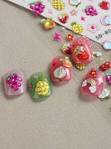 2 Hojas de Pegatinas de arte de uñas de verano con relieve 5D de frutas, Calcomanías de relieve de gelatina lindas de cereza, naranja y pera para decoración de manicura de dopamina - Multicolor - Ver 3