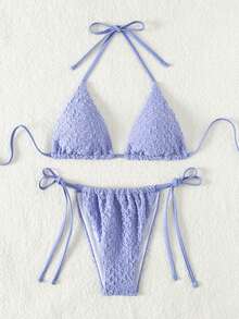 Women's Solid Color Textured Fabric Halter Neck Bikini Set Summer - Purple - View 3