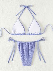 Women's Solid Color Textured Fabric Halter Neck Bikini Set Summer - Purple - View 2