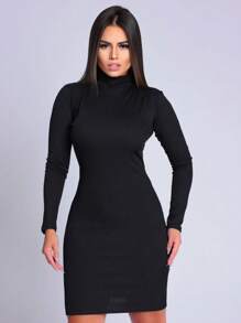 Vestido Manga Longa Gola Alta Feminino Canelado