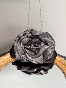 Jedna romantyczna torebka wieczorowa z kwiatami 3D, delikatna torebka w kształcie róży w kolorze białym, torebka ślubna na formalne przyjęcie, wieczorowe sprzęgło - Czarne - Zobacz 2