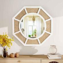24 In Rattan Wall Mirror Decoraive Boho Wall Decor Large Rattan Mirror Natural Woven Rattan Mirrors For Farmhouse,Living Room,Bedroom,Bathroom,White Frame - 卡其色 - 查看 3