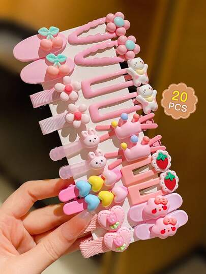 20pcs Pink Cartoon Cute Hair Clips, Ideal For Daily Use