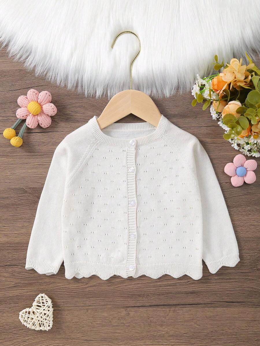 Infant Girls Solid Color Soft Lightweight Hollow Pattern Button Long Sleeve Knitted Cardigan Jacket, Suitable For Outings - Beige - View 1