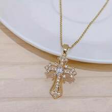 One Piece Multi Color CZ Cross Necklace Fashionable Stainless Steel Lip Chain Crystal Cross Pendant Necklace Jewelry - Gold - View 11