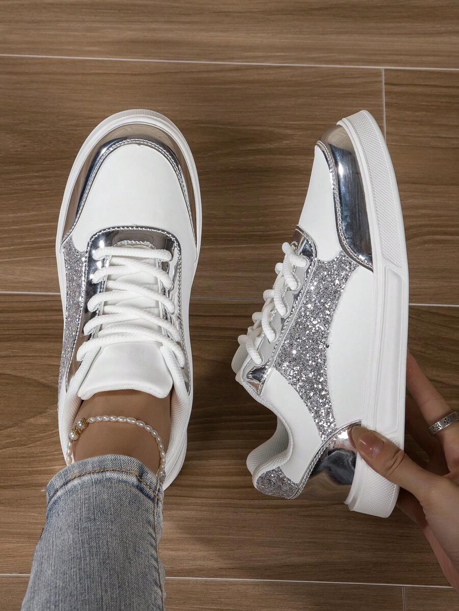 閃亮金屬風格銀色閃粉鞋，時尚舒適多功能女平底鞋、休閒運動鞋、女士運動鞋