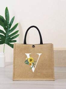 Letter Flower Pattern Natural Elements Teacher Appreciation Gift Women Linen High-Capacity Tote Bag Graduation Gifts Letter Print Fashionable Teacher Tote Bag School Gift Beach Vacation - Khaki - View 30