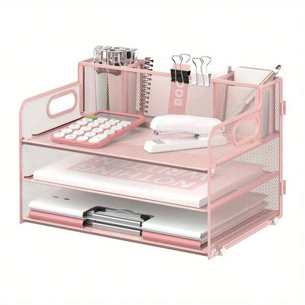 3-Tier Mesh Desk Organizer With Handle - Stylish Pink, 3 Pen Holders & Letter Tray - Versatile Office Supply Storage Solution For Space-Saving Efficiency
