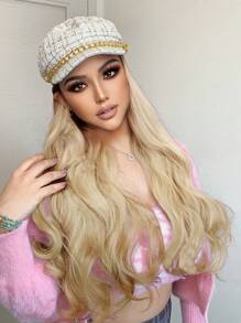 Gorra plana con viseras, sombrero con peluca y peluca larga y ondulada sintética resistente al calor resistente para principiantes de aspecto natural para uso diario - Dorado - Ver 3