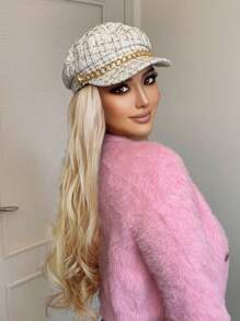 Gorra plana con viseras, sombrero con peluca y peluca larga y ondulada sintética resistente al calor resistente para principiantes de aspecto natural para uso diario - Dorado - Ver 4