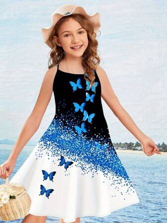 Vestido cami sin mangas con diseño de mariposa y espalda cruzada para niña joven, ropa de verano para vacaciones en la playa