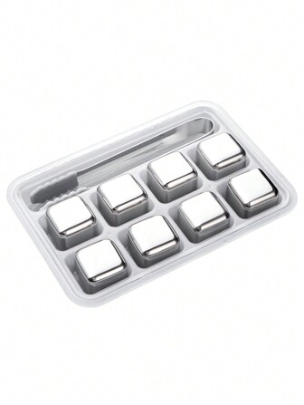 8 件/套不锈钢 304 速冻冰块带夹子，酒吧饮料冰夹套装，盒装，派对，生日装饰，适用于户外、露营、父亲礼物