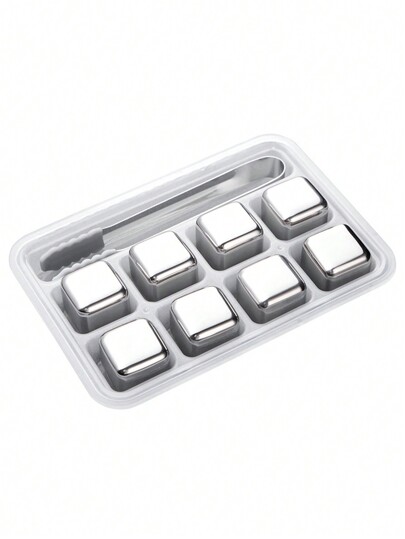 8Pcs/Set Stainless Steel 304 Quick Freezing Ice Cubes With Tongs, Bar Beverage Ice Clip Set, Boxed, Party, Birthday Decoration, For Outdoor, Camping, Gift For Father