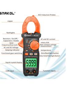 SNAKOL SK-218數字鉗式電流表，DC/AC 600A，5000計數萬用表，安培計，電壓測試儀，汽車HZ電容NCV歐姆測試 - 黑色 - 查看 8