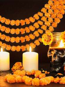 2 Stücke Künstliche Ringelblumen Girlande für Partys Hochzeit Mehndi Pooja Festival, Mexikanische Tag der Toten Szene Dekor, Festivals Dekoration, Zuhause Dekoration, Flure Dekoration, Büros Dekoration, Hof Dekoration, Halloween Dekoration - gelb+orange - Übersicht 4