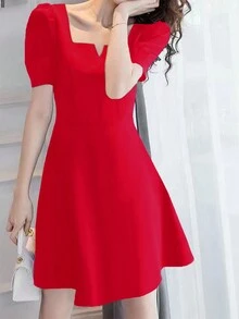 French Style Notched V Neck Short Sleeve Waist Dress - Red - View 5