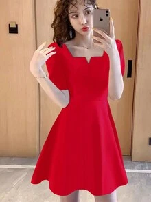 French Style Notched V Neck Short Sleeve Waist Dress - Red - View 3