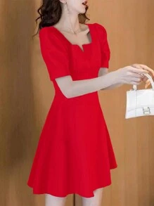 French Style Notched V Neck Short Sleeve Waist Dress - Red - View 2