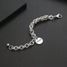 1 pieza pulsera redonda de placa con letras de acero inoxidable para hombre - Plateado - Ver 4